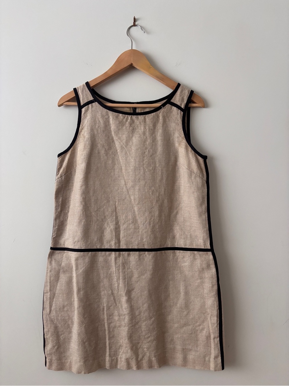 Sleeveless Linen-Blend Shift Dress in Beige with Black Trim
